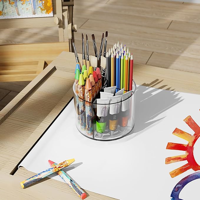 Mefirt Acrylic Pen Holder, 360 Degree Marker Organizer for Desk, Rotating Desk Storage With 4 Compartments, Art Supply Crayon Holder for Office School Home, Clear - Image 6