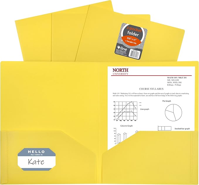 C-Line Two-Pocket Heavyweight Poly Portfolio, For Letter Size Papers, Includes Business Card Slot, 1 Case of 25 Portfolios, Yellow (33956-25) by C-Line