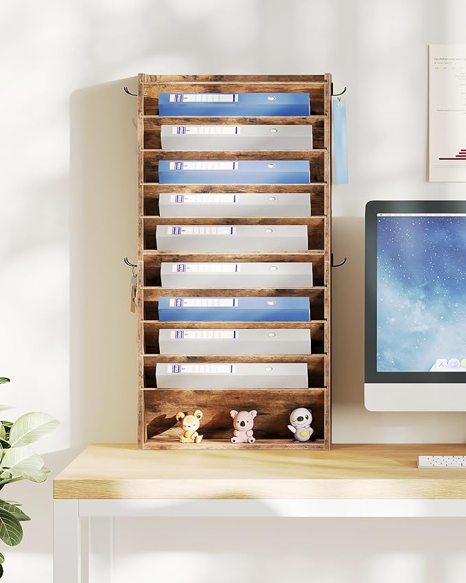 Wall File Organizer, 10-Tier Hanging Mail Organizer, Wall Mount File Holder with 4 Side Hooks, Mail and Storage Organizer, Wooden Vertical Hanging Holder for Office, Rustic Brown MWJ03FG - Image 6