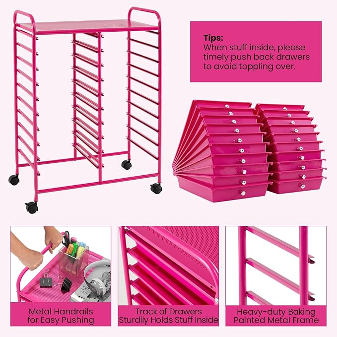 Giantex 20 Drawers Rolling Cart, Mobile Storage Drawer Cart, Classroom Organizer for Office School Supplies Teacher Tools Scrapbook Paper Craft Small Printer, Utility Stand on Wheels, Hot Pink - Image 5