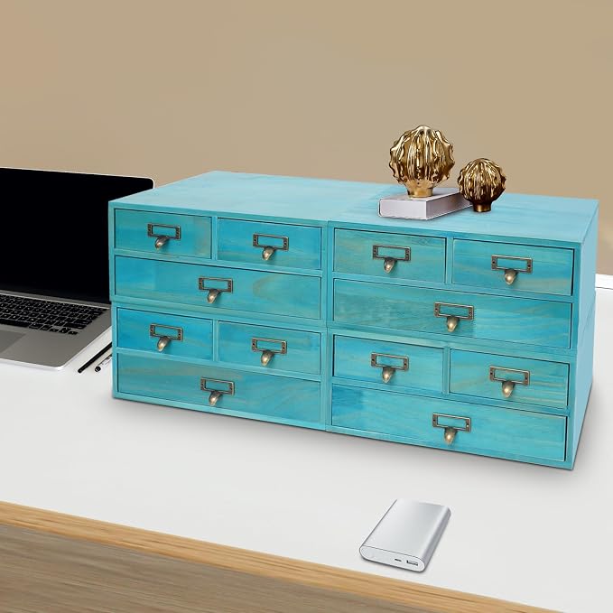 4-Piece Desktop Organizer Set with 3 Drawers, Wood & Metal Drawer Storage, Wooden Desktop Organizer for Store Cosmetics, Jewelry, Letters, Papers, Tea Bags, Sugar Packets (Blue) - Image 4