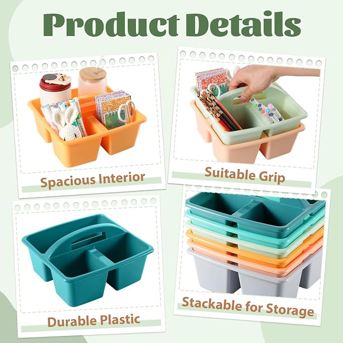 6 Pack 3 Compartment Small Caddy Plastic Classroom Organizer with Handle Portable Teacher Supply Storage Caddy Craft Art Caddies for Pencil, Crayon, Marker, Home, Office, School Supplies(Morandi) - Image 3