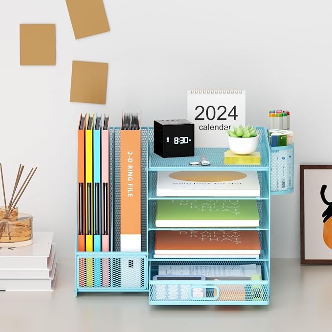 Marbrasse Desk Organizer with File Holder, 5-Tier Paper Letter Tray Organizer with Drawer and 2 Pen Holder, Mesh Desktop Organizer and Storage with Magazine Holder for Office Supplies(Blue) - Image 3