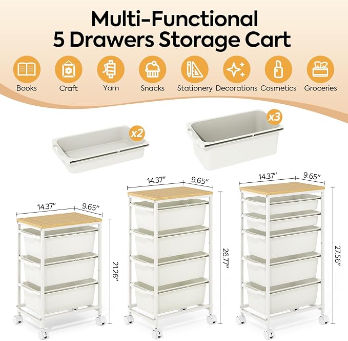 KINGBOARD Slim Rolling Cart with 5 Drawers, Metal Utility Storage Cart | Wooden Tabletop, Lockable Wheels, Table Side Trolley for Bedroom, Children's Room and Office Organization, White - Image 2
