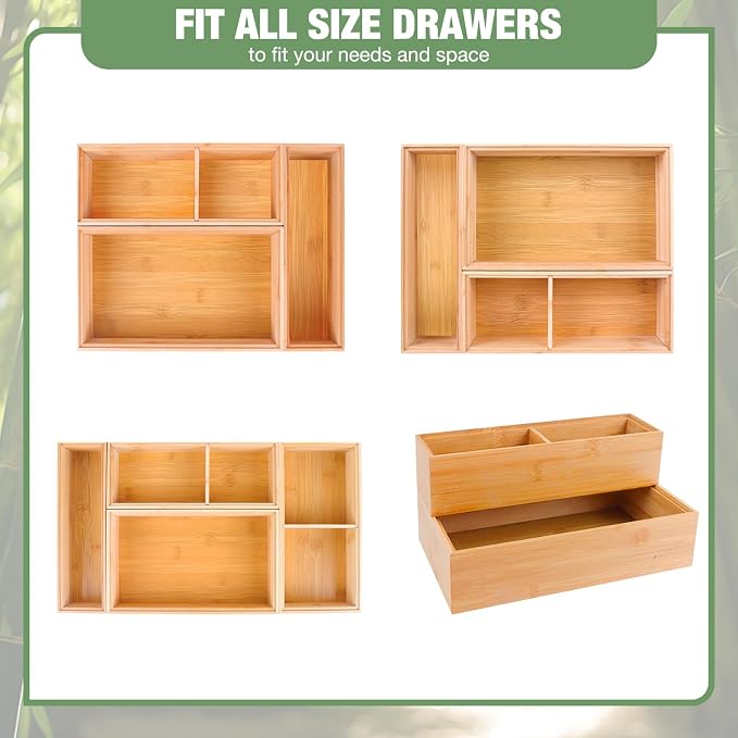 Bamboo Drawer Organizer,5 PCS Silverware Organizer & Kitchen Organizers and Storage,Utensil Drawer Organizer With Removable Dividers for Kitchen,Utensils,Bathroom,Office,Makeup(Natural) - Image 4