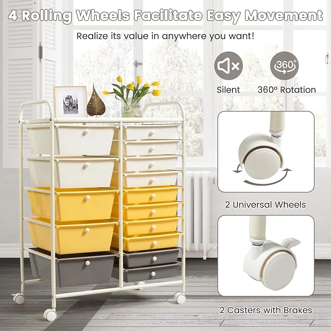 COSTWAY 15 Drawer Rolling Storage Cart, Mobile Storage Organizer | Removable Drawers & Metal Frame, Multipurpose Utility Tools Paper Organizer on Wheels for Home, Office (Yellow, Beige & Grey) - Image 6