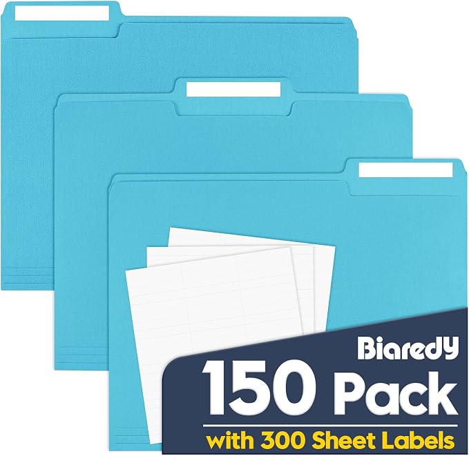 File Folders,Colored File Folders Letter Size 8.5" x 11",150 Pack 1/3 Cut Tab Bulk Durable Paper Folders with Blank Labels,File Folder for Office Business School Home Use,Lake Blue by Unknown