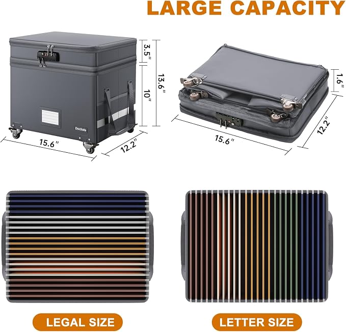DocSafe Fireproof Document Box with Lock,2-Layer File Box with Wheels,Collapsible File Storage Organizer with Pockets,Large Portable Office Filing Cabinet for Hanging Folders,Gray,16''x13.8''x12.2'' - Image 6
