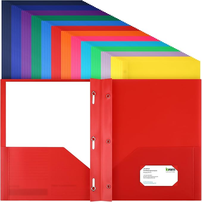 Cholemy 104 Packs Pocket Folders with Prongs Heavy Duty Plastic Folder with Business Card Slot 3 Prong Fasteners for School Office (Bright) by Cholemy
