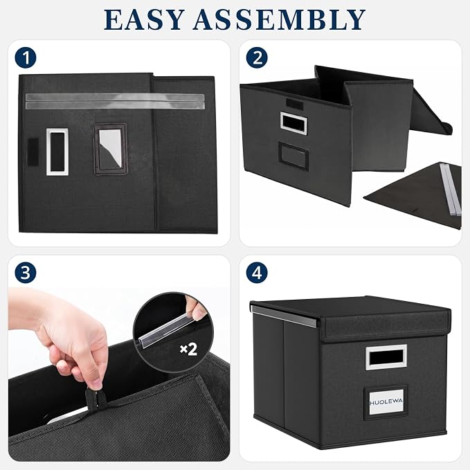 File Organizer Box with Lids, Collapsible File Folder Organizer | File Box with Plastic Slides for Office Document Storage, Filing Bin for Letter Size Hanging File Folders (1 Pack, Black) - Image 7
