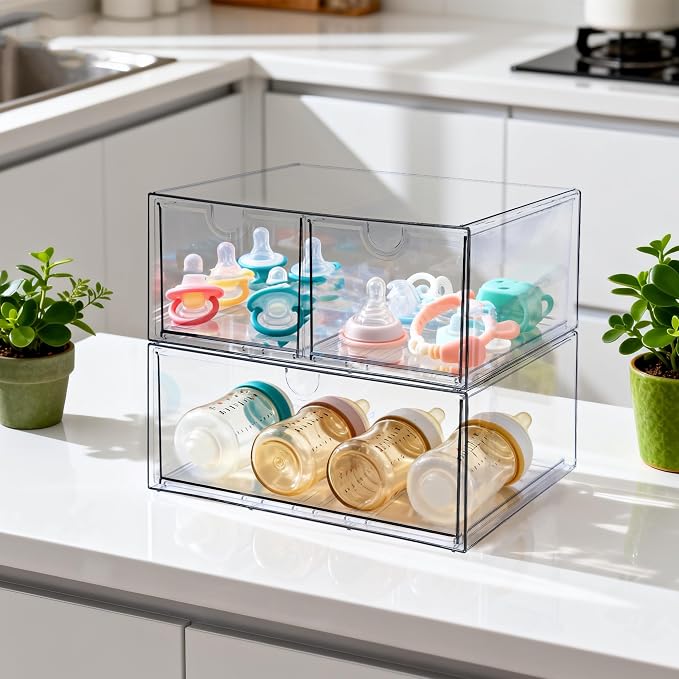 Prsildan Acrylic Drawer Makeup Organizer with 3 Drawers, Clear Stackable Storage for Baby Bottles, Craft, Jewelry & Hair Accessories, Multi-Use for Vanity, Countertop, Office Desk Organization - Image 2