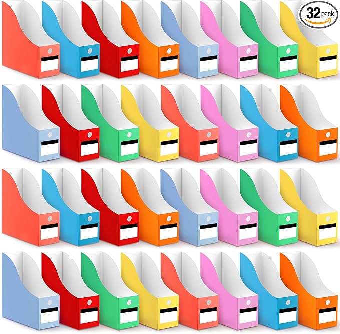 32 Pcs Magazine File Holder Set Including Colored Foldable Desk File Holder Organizer White Label Stickers Cat Pen Cardboard Magazine Storage Box for Document School Office(Solid,Classic) by Jutom