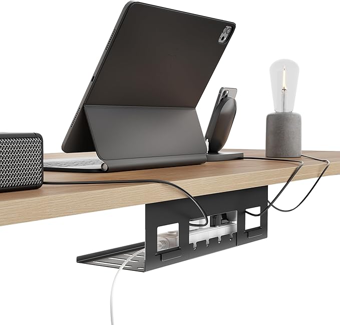 Under Desk Cable Management Tray, 15.7 Inches Metal Cord Organizer Rack, Desk Tray for Power Strip, Cord, Wire, Easy Mounting Cable Management Under Table for Home Office, Black