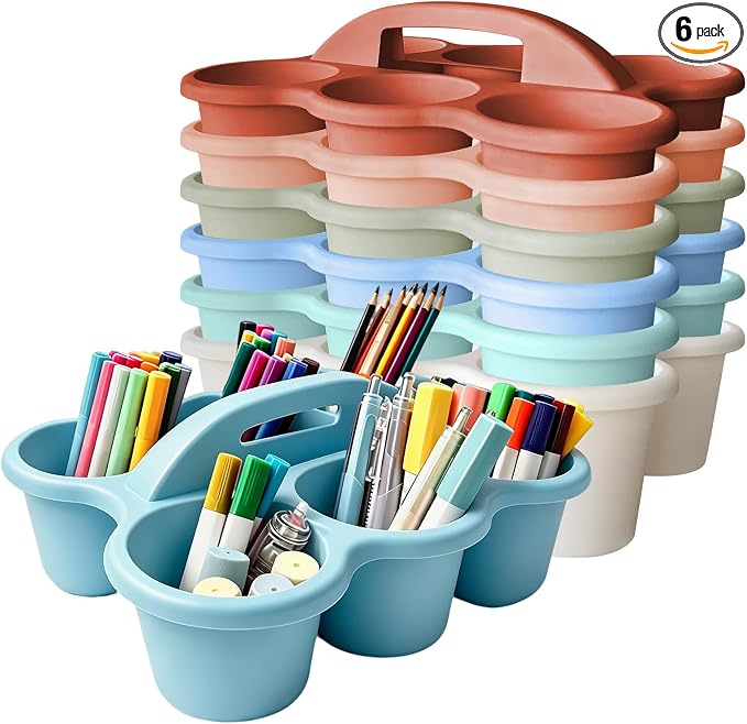 6 Pack Classroom Caddy Organizer with Handle Morandi Plastic Table Caddy 6 Compartments Storage Cup Holder for School Supplies Art Crafts Crayons Pencils Stackable Desk Daddy for Office by JEChrochen