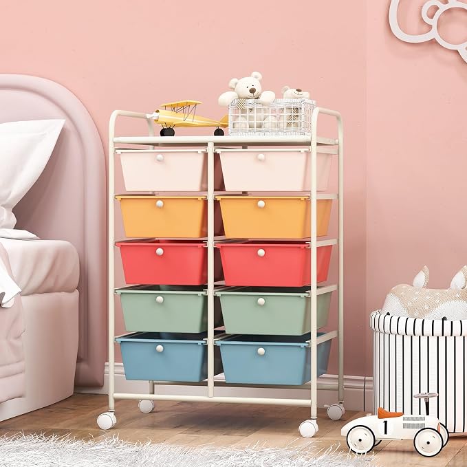 COSTWAY 10 Drawer Rolling Storage Cart, Utility Cart with Lockable Wheels | Mobile Art Supply Craft Organizer with Metal Frame, Multipurpose Drawer Cart for Paper for Office, School, Macaron - Image 9