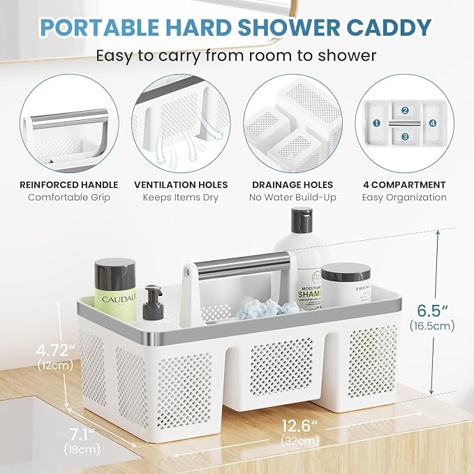 BYUNER Plastic Shower Caddy Dorm: Portable Shower Basket Tote with Handle, 4 Compartments, All-Side Drainage, Hard Bathroom & Cleaning Caddy Organizer for college Dorm Room Essentials, White/Silver - Image 8