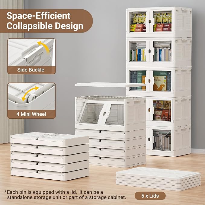 BROVIEW 345Qt Stackable Storage Bins with Individual Lids & Wheels, Large Plastic Collapsible Latching Boxes Closet Organizers and Storage Cabinet Shelves Units for Home Kitchen Dorm, 3-Pack White - Image 3