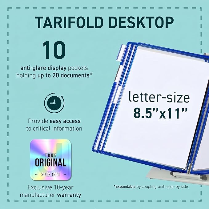Tarifold Desktop Reference Display System, 10 Pockets, Expandable, Blue | 10 Double-Sided PVC Pockets, Holds 20 Letter-Size Sheets, Sturdy Metal Base, Quick-Find Indexing, Quick and Easy to Assemble - Image 2