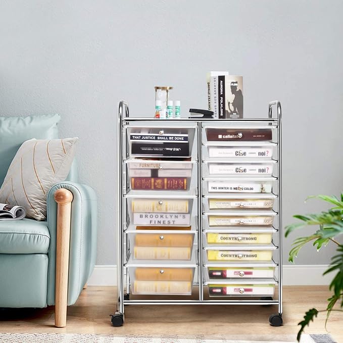 COSTWAY 15 Drawer Rolling Storage Cart, Mobile Utility Cart with Lockable Wheels, Drawers, Multipurpose Organizer Cart for Home, Office, School, Clear - Image 2