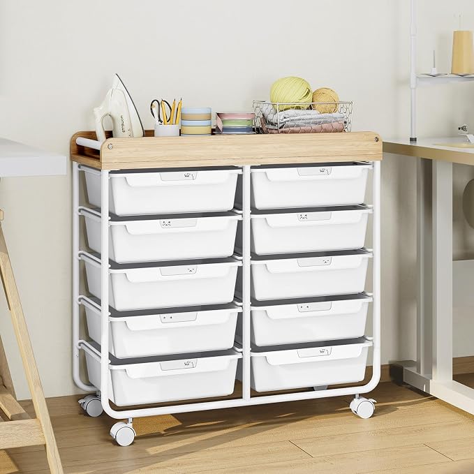 10 Drawers Rolling Cart with Wooden Tabletop, Utility Storage Cart with Wheels, Art Supply Craft Organizer on Wheel with Metal Frame & Handles for Home Office School (Pure White) - Image 9