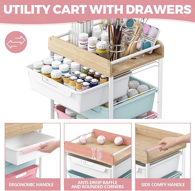 Utility Cart with 5 Drawers, Art Cart for Teacher Kid, Colorful | Rolling Storage Cart for Crafters Artists Student Storage Arts Crafts & Study Supplies in Craft Room Dorm Classroom Kids Room - Image 4