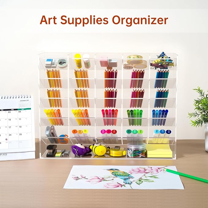 BEYGORM Acrylic Vertical Marker Organizer for 310 Markers, Desk Orgaizer | 26 Compartments Clear Angled Pen & Pencil Holder, Large Stationery & Art Supply Storage for School (14.9 x 12.4 x 4 Inch) - Image 5
