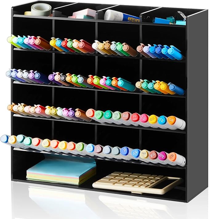MotiMind Acrylic Pen Organizer Storage for 250 Markers Vertical Marker Organizer Acrylic Pen Display Holder for Office Desk Desktop Stationery Pencil Storage, Black, 13 x 4 x 12.4 Inch by MotiMind