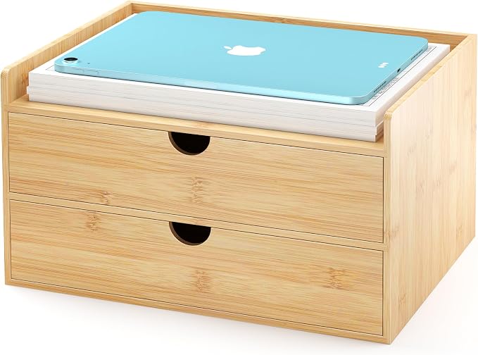 Bamboo Desk Drawer Organizer, Large Desktop Organizer with Drawers Tabletop Storage Organization Box for Office Home Toiletries Supplies Vanity, No Assembly Required (2 Drawer with Shelf) by Wisuce