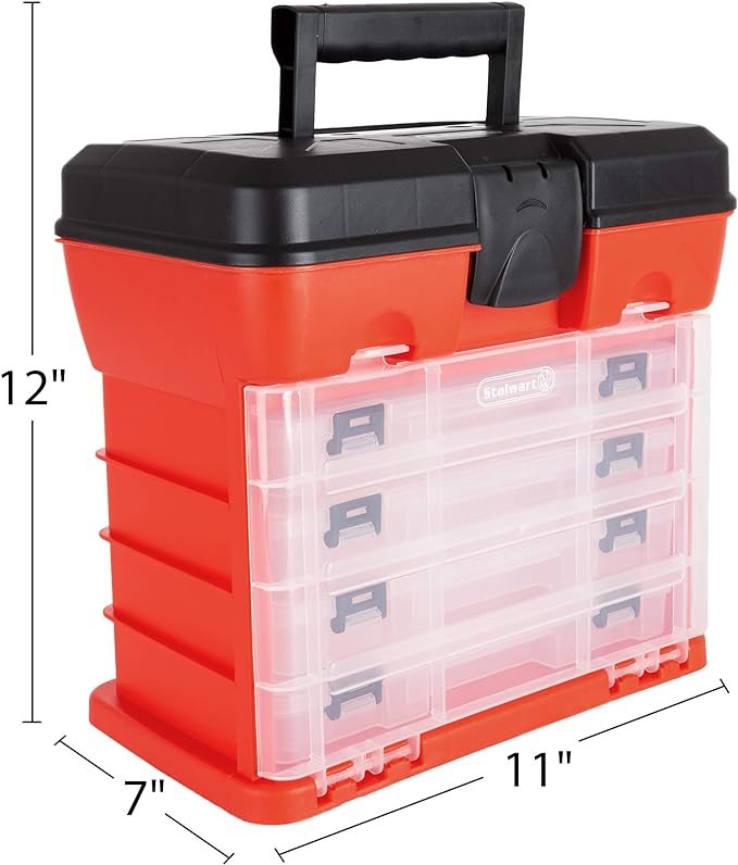Small Parts Organizer Box - 11-Inch Portable Storage Case with 4 Removable Multi-Compartment Trays for Screws, Beads, Small Fishing Tackle, Hardware, and Craft Supplies by Stalwart (Red) - Image 3