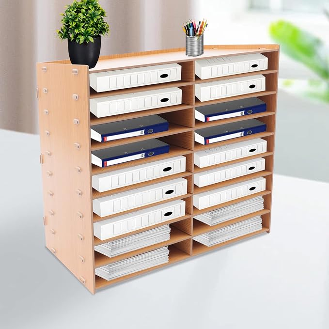 Desktop Organizer, Vertical Desktop Sorter, Literature Organizer Sorter Paper Organizer Storage File Sorter Mail Center Magazine Holder, Classroom Mailbox Paper Storage (18 Compartment-Brown), Blue - Image 3