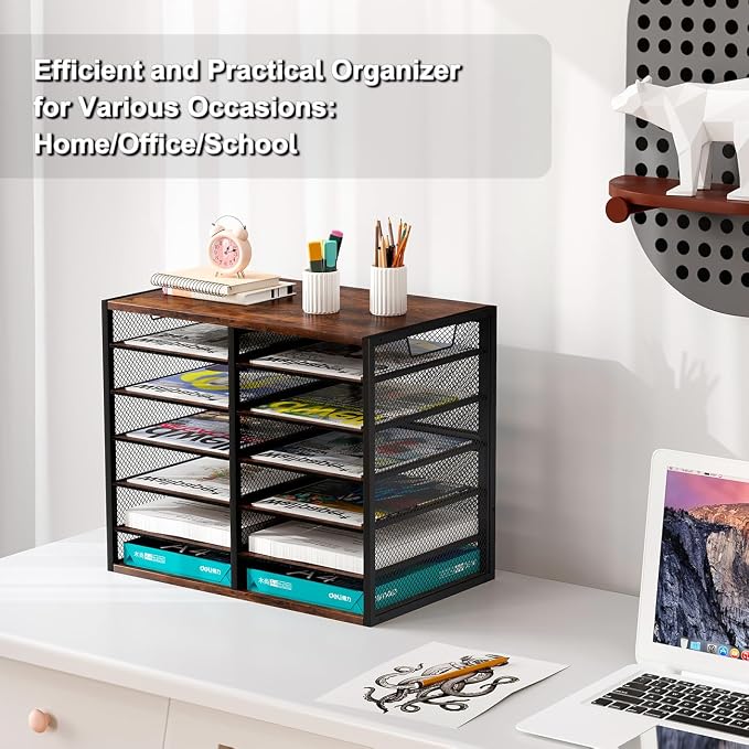 PAG Mass Mail Sorter - Adjustable Mail Holder, Countertop Literature Organizer, Student Mailbox for Classroom, Desktop Bill Paper Organizer for Office Home School, 12 Compartments, Brown - Image 5