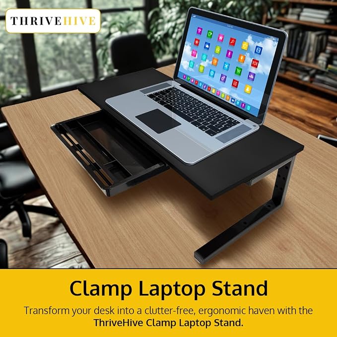 Ergonomic Clamp-On Laptop and Computer Monitor Riser Stand with Drawer, 21.6 x 9.8 inch - Black |Laptop Stand for Desk, Monitor Riser, Desk Organizer, Office Desk Home Workspace - Image 2