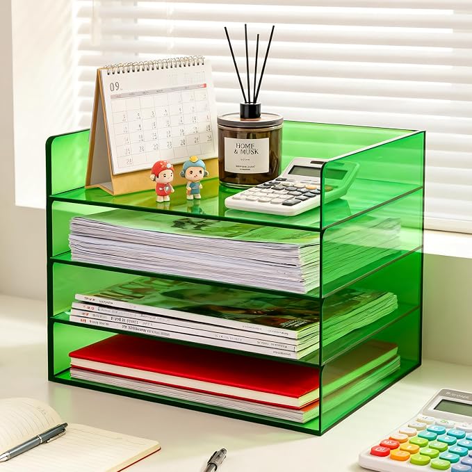 Gelite Acrylic File Organizer for Desk 4 Tiered Stackable Letter Tray Office Paper Storage Desktop Document Sorter, Emerald Green - Image 4