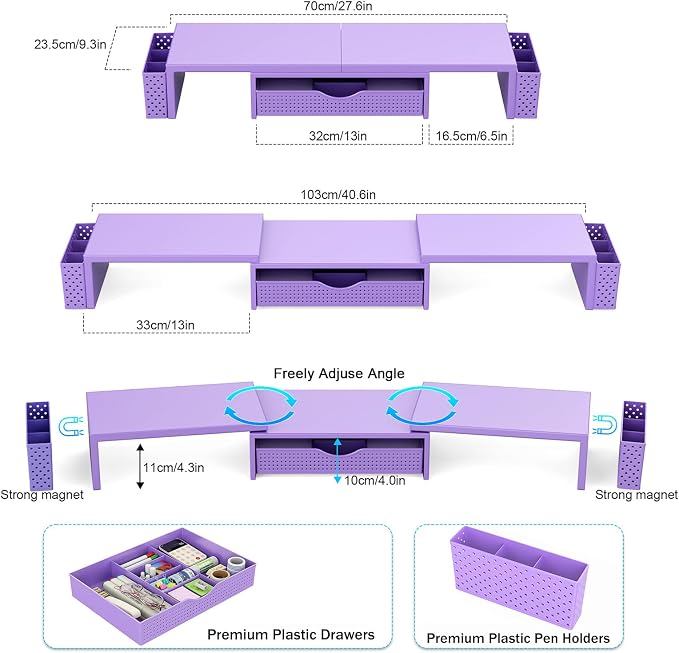 Spacrea Metal Desk Organizers and Accessories, Dual Monitor Stand Riser with Drawer and 2 Pen Holders, Desk Accessories & Workspace Desktop Organizers for Office Supplies (Purple) - Image 5