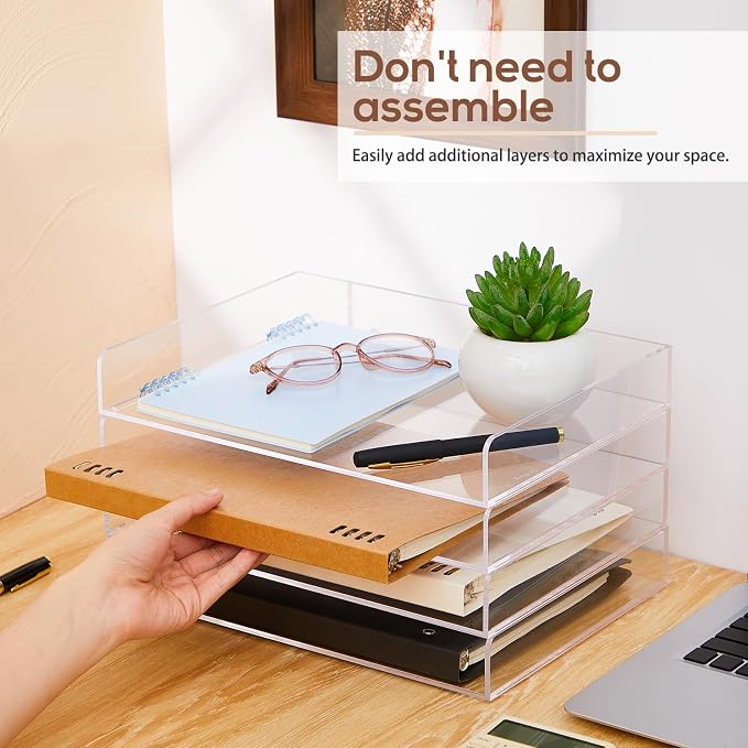 Harloon 4 Tier Paper Organizer Letter Tray Acrylic Desk File Organizer Heavy Duty Stackable Documents Clear Letter Paper Holder Sorter Office Tray for A4, Office Classroom Home File Pad Notebooks - Image 3