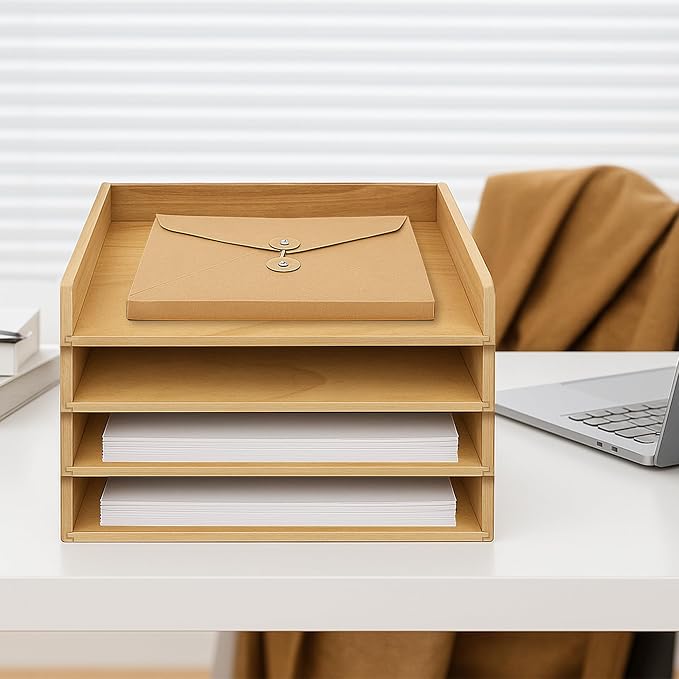Wooden Paper Tray Organizer for Desk, Stackable Paper Holder and Letter Tray, 4-Tier Desktop File Storage Rack for Study,Home and Office (Oak, 14" x 9.5" x 2.5") - Image 2