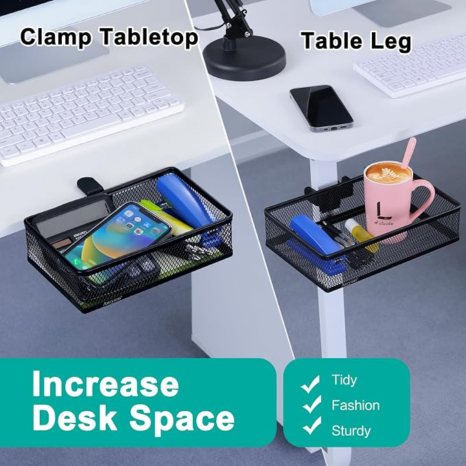 Under Desk Drawer, Clamp on Desk Organizer Under Table Hanging Desk Storage | 2 ways to clamp on: desk side or leg. Under desk organizer, clamp on desk drawer, basket hanging under table shelf, no-drill - Image 2