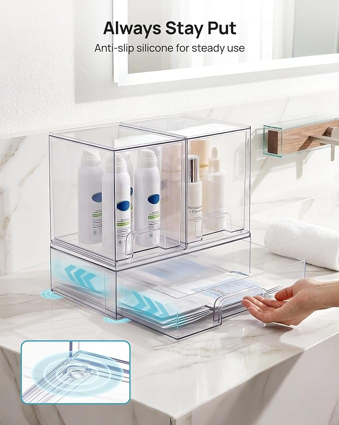 Vtopmart Stackable Storage Drawers Set of 3, Clear Plastic Organizer Bins for Bathroom Supplies, Ideal for Cabinet,Shelf, Pantry, Laundry Room Organization - Image 7