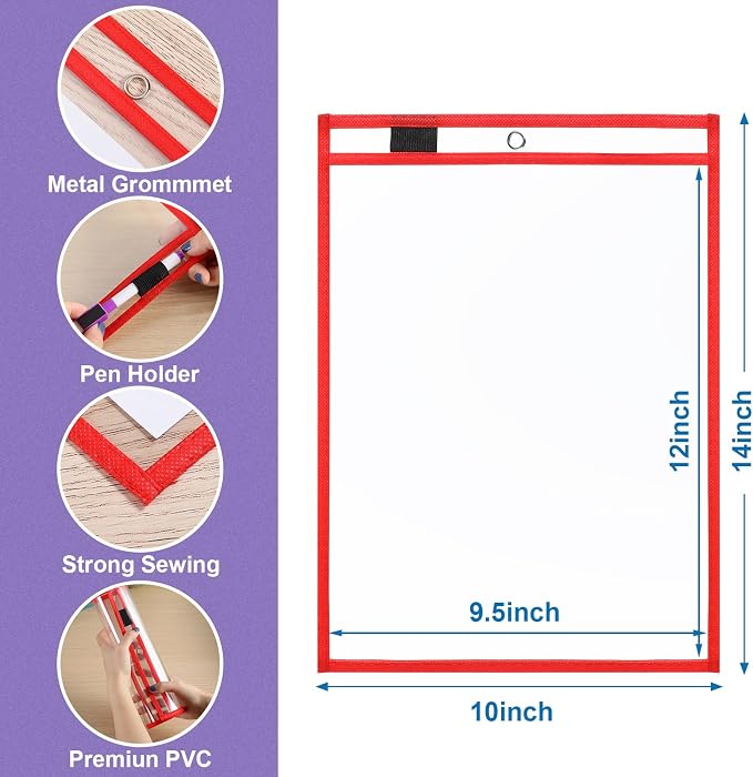 Nezyo Dry Erase Pockets Plastic Job Ticket Holders Shop Holder Order Pockets Clear Sleeves Tickets Folders Plastic Sleeves Paper Teacher Supplies for Classroom(14 x 10 in,Red,12 Pcs) - Image 2