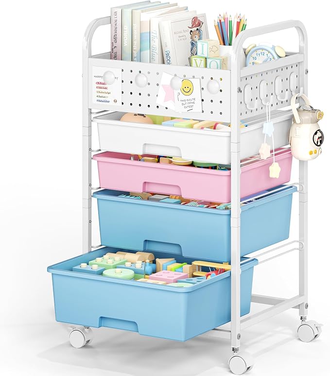4 Drawer Rolling Storage Cart with Pegboard Top and Hooks, Pink&Blue | Mobile Organizer Cart with Wheels for Office Supplies, Craft Storage, Classroom Organization, Home Utility Cart - Image 9