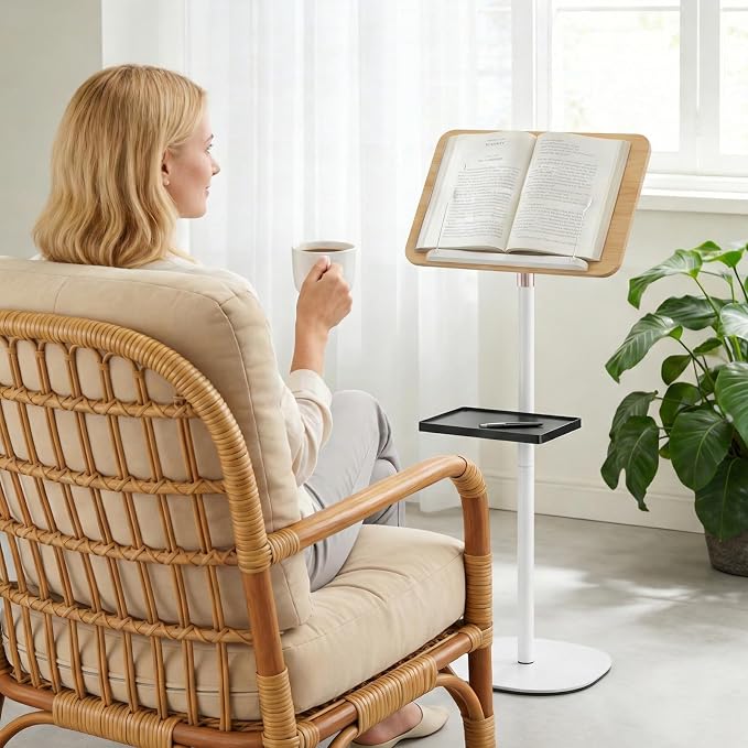 2 in 1 Adjustable Floor Book Stand & Music Stand with Removable Tray, 19.7" to 51.2" Foldable Reading Book Holder with Page Clips for Laptop, Cookbooks, Sheet Music, Wooden Podium Stand for Projector - Image 2