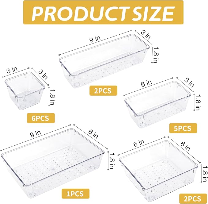 16 PCS Clear Drawer Organizers Set, 5 Varied Size Bathroom and Kitchen Drawer Cabinet Organizer Trays, Clear Plastic Desk Drawer Divider Organizers and Storage Bins for Makeup,Jewelry,Gadgets,Office - Image 2