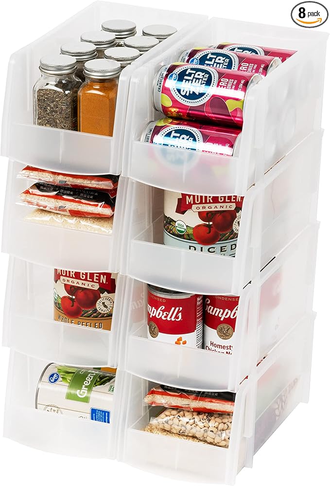 IRIS USA 8-Pack, Medium Clear Stackable Storage Bins | Organize snacks, cans, coffee pods, craft supplies, and household essentials with clear visibility and easy access by IRISUSA
