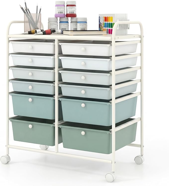 COSTWAY 12-Drawer Rolling Storage Cart, Moveable Art Craft Organizer | Lockable Wheels, Metal Shelf, Files Arrangement Tools Makeup Storage Cart for Office, Home, School (Green Gradient) by COSTWAY
