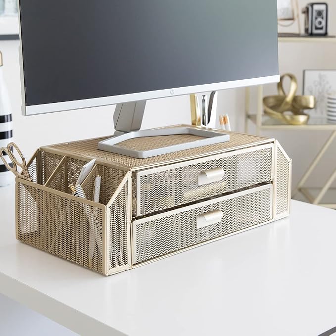 BLU MONACO | Monitor Stand with Drawer Storage | Desk Top Monitor Stand Riser Gold | Computer Support Organizer Elevador de Monitor - Image 4