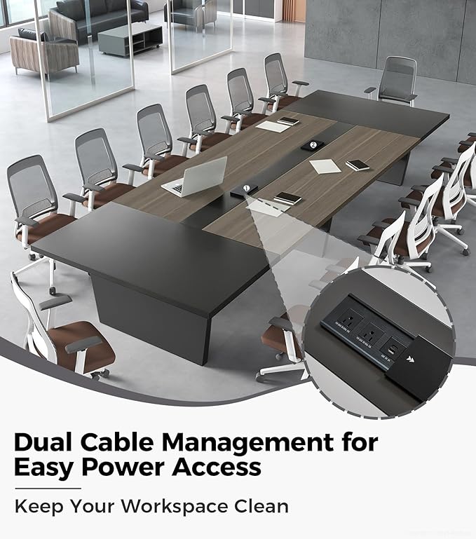 11.5FT Conference Table, Large Rectangular Seminar Meeting Table, Modern Conference Room Table with Cable Management & 2" Thickened DeskTop for Office Meeting (Oak + Gray, 137"L * 59"W * 30"H)