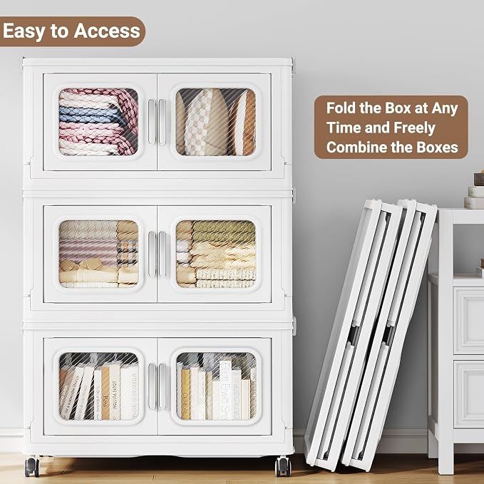 BROVIEW 900 Qt Extra Large Stackable Storage Bin with 1 Lid, 3 Pack White | 225Gal Extra Large, Collapsible Storage Boxes with 1 Lid, Folding& Rolling Plastic Drawer, Heavy-Duty Cabinet Organization - Image 3