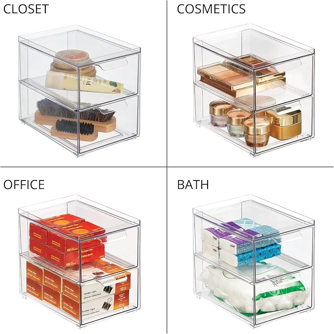 mDesign Stackable Storage Containers Box with 2 Pull-Out Drawers - Stacking Plastic Drawer Bins for Master or Guest Bathroom, Linen Closet, Vanity, or Makeup Table - Lumiere Collection - 8 Pack, Clear - Image 7