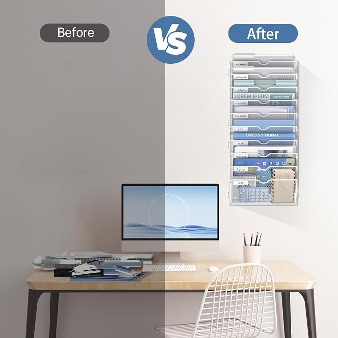 10-Tier Wall File Organizer and Hanging File Organizer, White | Wall Organizer and Wall Mounted File Holder with 14 Pockets and Label Panels for Files, Mail, Folders, Magazines and Paper - Image 7