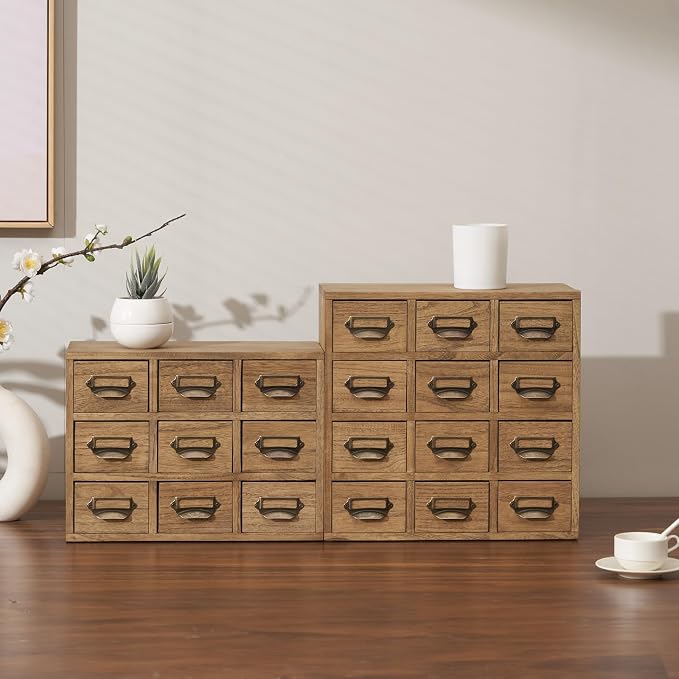 KIRIGEN Wooden Storage Cabinet, 12-Drawer Desktop Organizer, Brown 12CG-DBR | 12 Mini Drawers with Metal Label Holder Pulls for Cards, Crafts, Tea Bags, Jewelry, Office Supplies, and Small Parts - Image 2